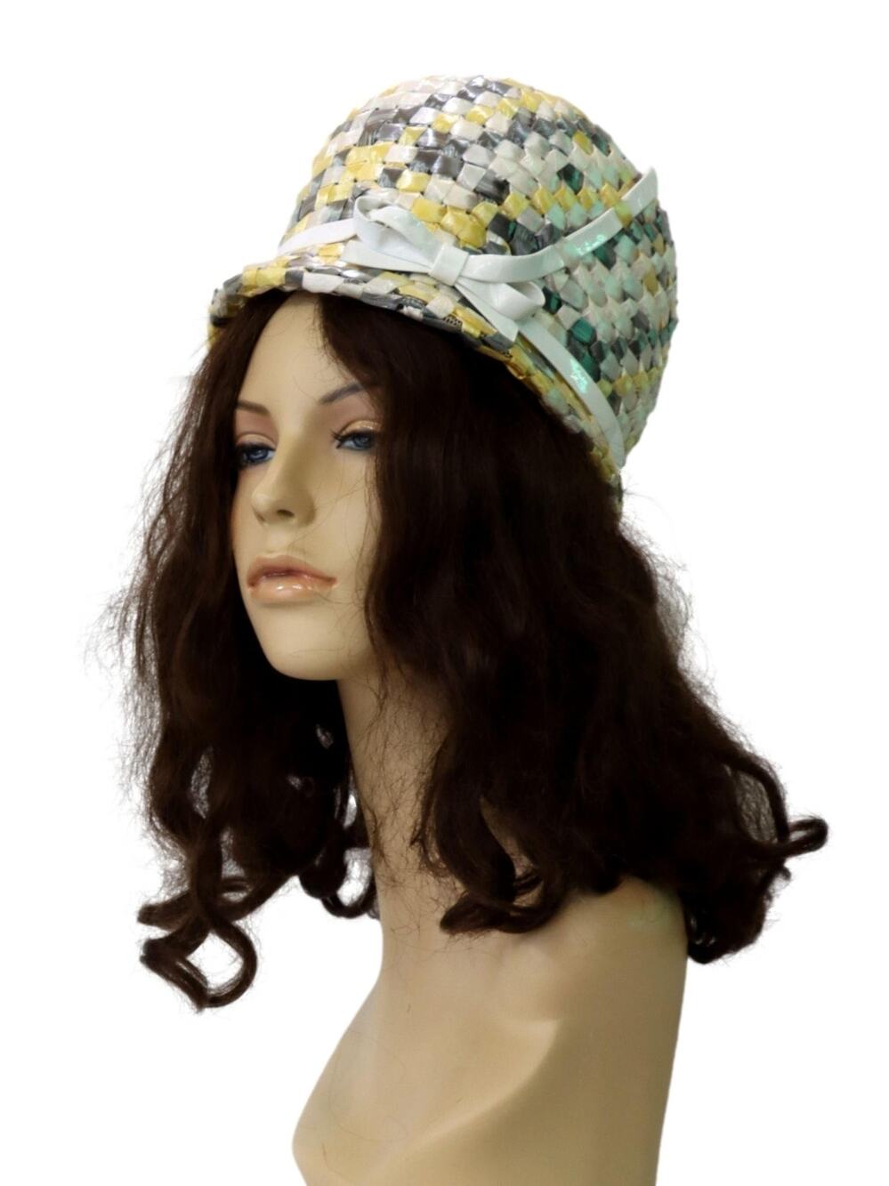 Vintage 1960s Mr John Classic Raffia Bucket Hat Yellow Gray White 7.5